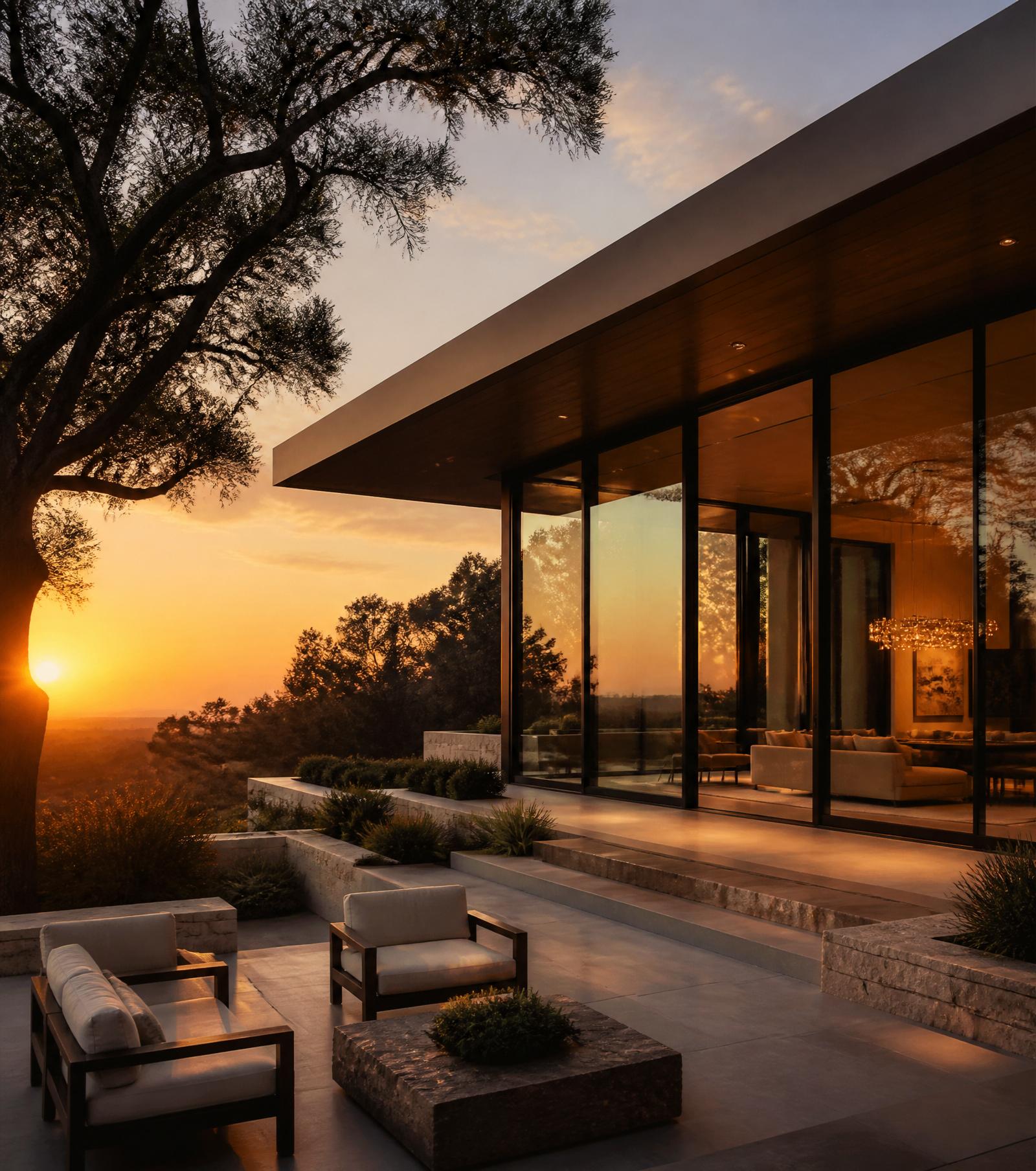Modern luxury home at golden hour with warm interior lighting